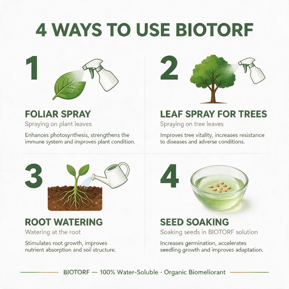 Four ways to use BIOTORF: foliar spray, leaf spray for trees, root watering and seed soaking